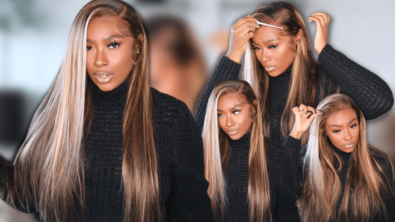 CARAMEL HONEY BLONDE BALAYAGE WHITE BLONDE STREAK RE BIANA SYMONE